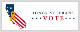 Honor Veterans. Vote. Banner logo. 加利福尼亚州的州轮廓内有美国国旗. 文字:荣誉退伍军人. Vote. 在州概要旁边. 