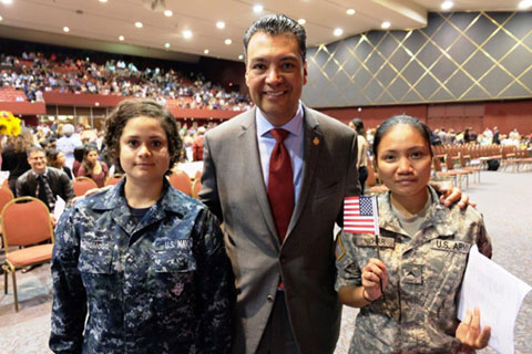 Secretary of State Alex Padilla with military personnel
