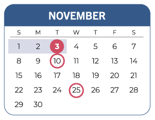 Calendar of the month of November, 2026