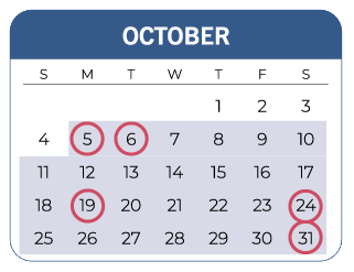 Calendar of the month of October, 2026