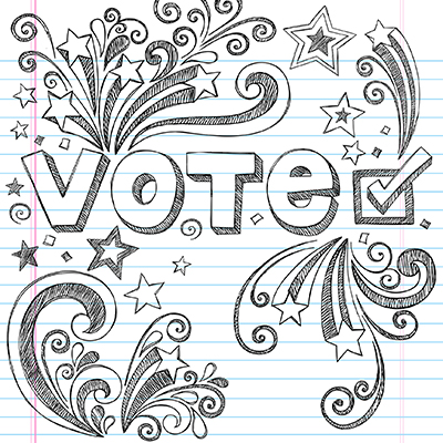 white lined paper with pencil drawing of stars and swirls around the word vote