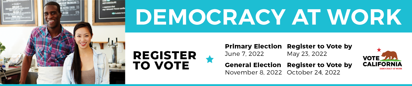 Democracy at work logo, register to vote in 2018