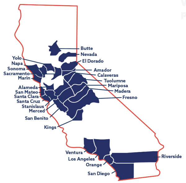 outline of counties in the state of california with VCA counties blue